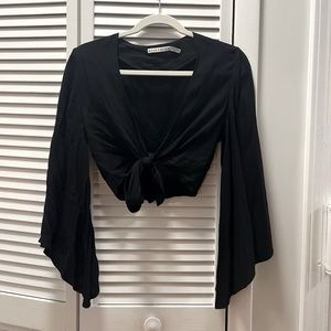Alice + Olivia tie front bell sleeve top in black XS